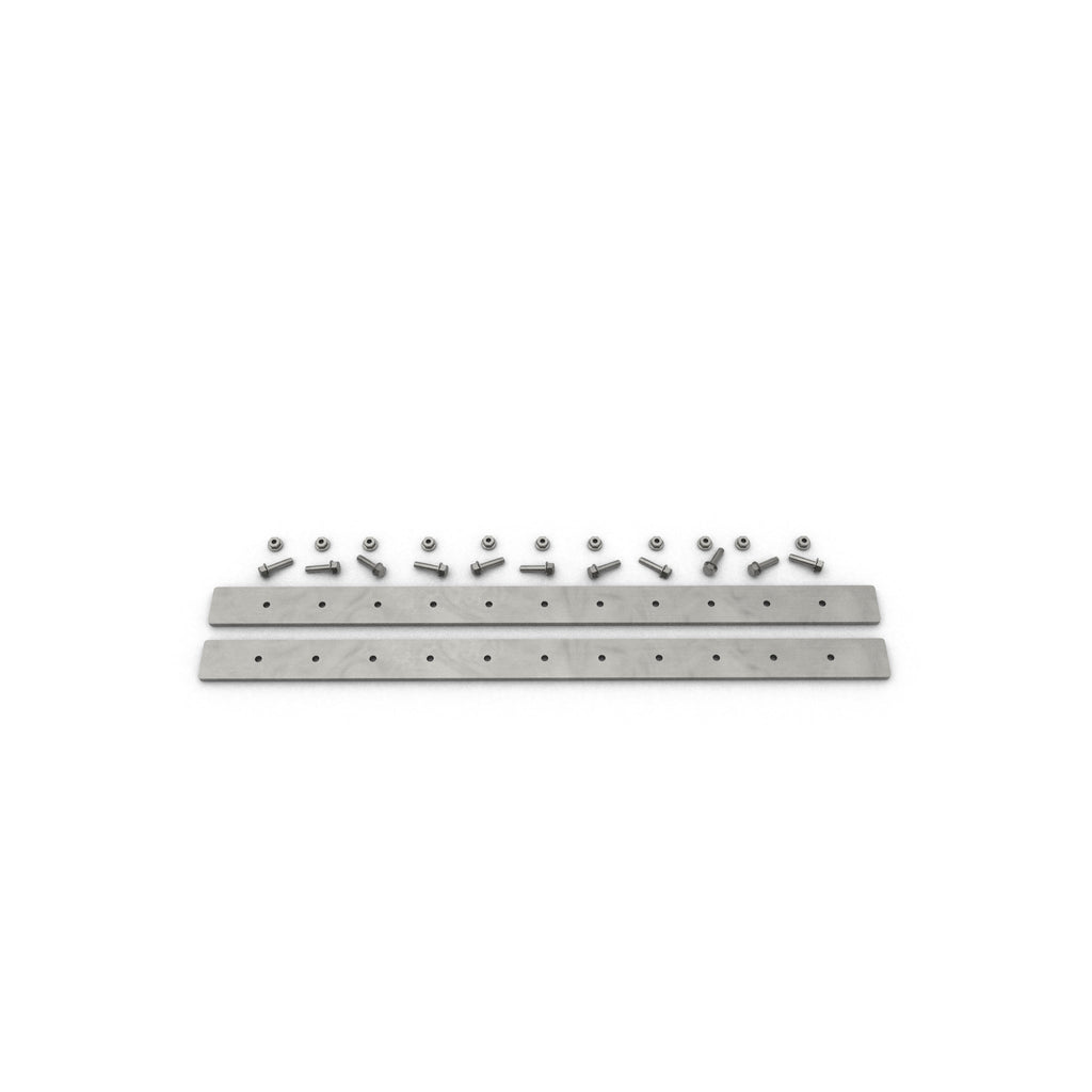 Stainless steel HDPE barrier connecting kit with two predrilled straps, bolts, and nuts