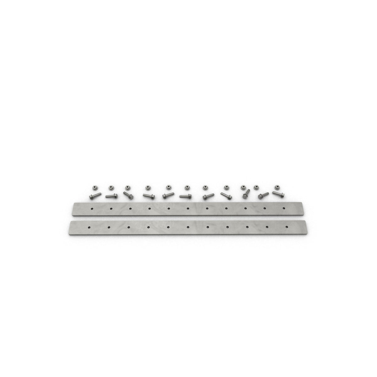 Stainless steel HDPE barrier connecting kit with two predrilled straps, bolts, and nuts