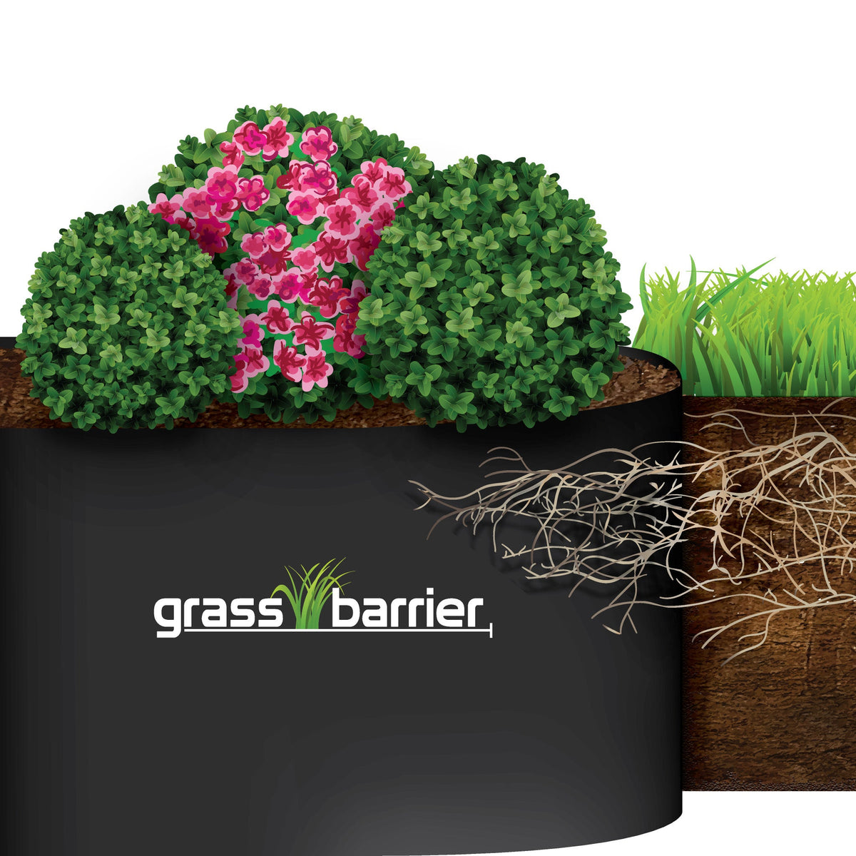 Diagram of 10-inch landscape barrier installed between lawn and planting bed