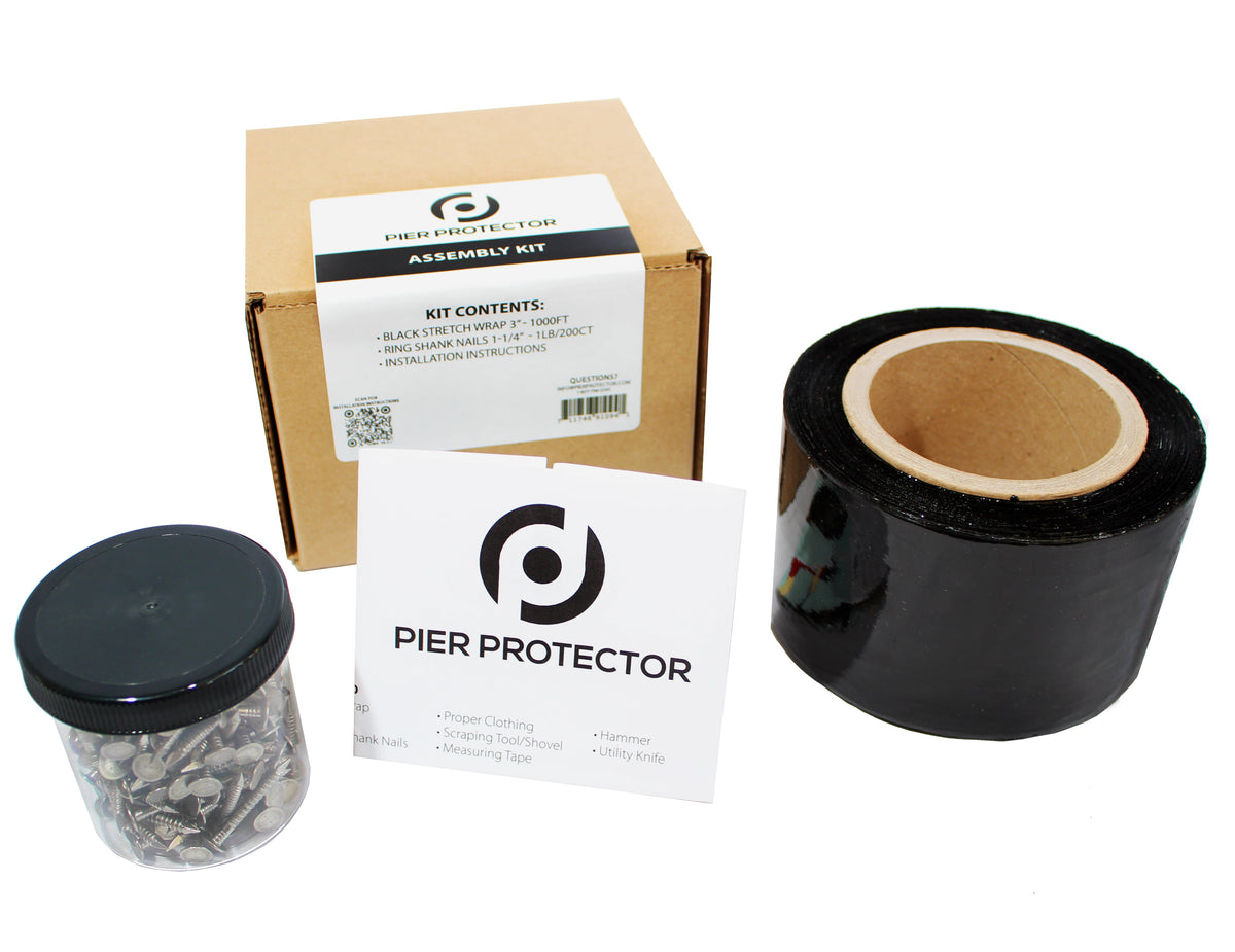 Dock-piling wrap installation kit with stretch wrap and stainless steel nails