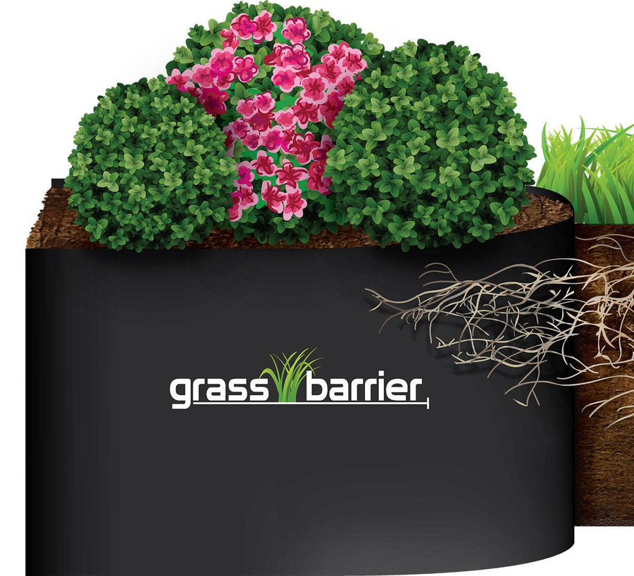 Drawing of Grass Barrier edging between a lawn and a planted bed, with the grass roots on the lawn side